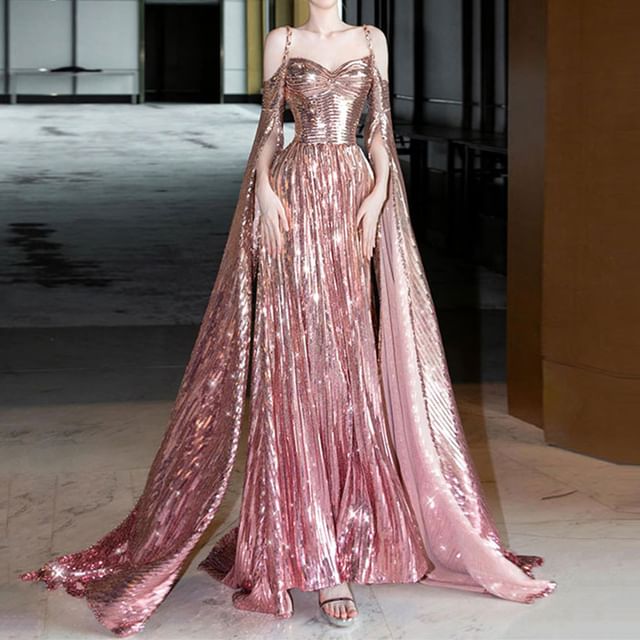 Cape-Sleeve Cold-Shoulder Sequin A-Line Evening Gown FashionChic