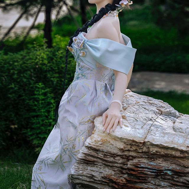 Sleeveless Off-Shoulder Floral Sequin Sheath Evening Gown FashionChic