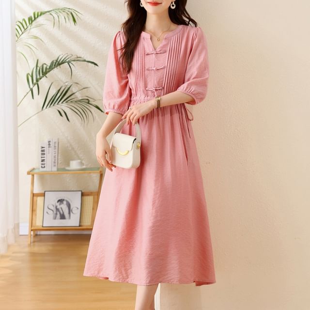 Elbow-Sleeve Notch Neck Plain Bowknot Midi A-Line Dress SpreePicky