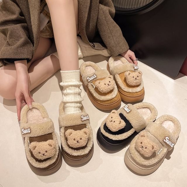 Bear Fleece-Lined Platform Mules SpreePicky