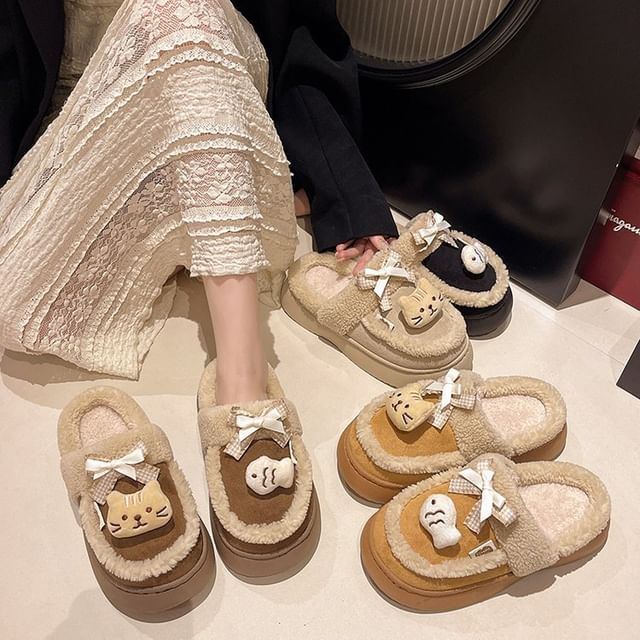 Cartoon Bow Fleece-Lined Platform Mules SpreePicky