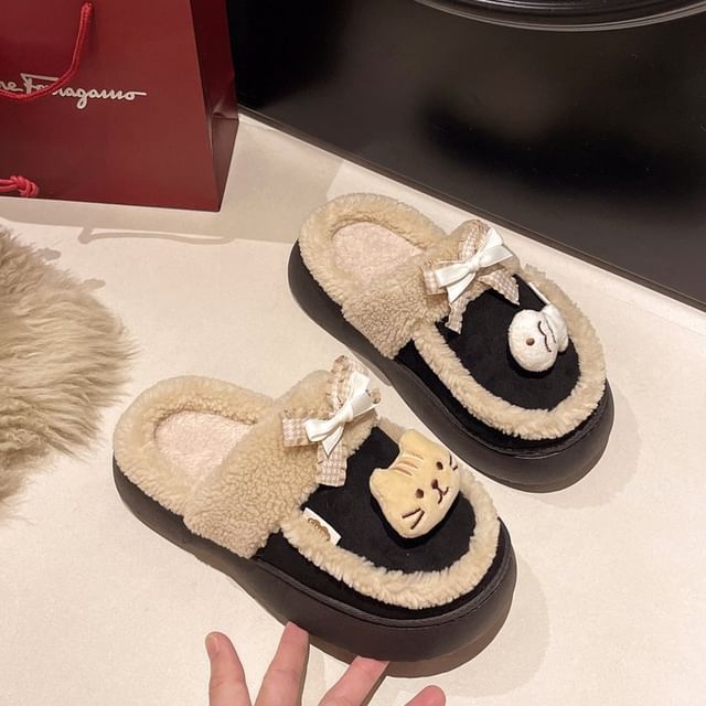 Cartoon Bow Fleece-Lined Platform Mules SpreePicky