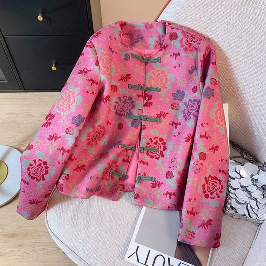 Crew Neck Floral Print Cropped Knot Button Jacket SpreePicky