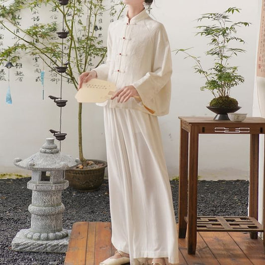 Long Sleeve Mandarin Collar Floral Hanfu Shirt / Mid Rise Wide Leg Pants SpreePicky