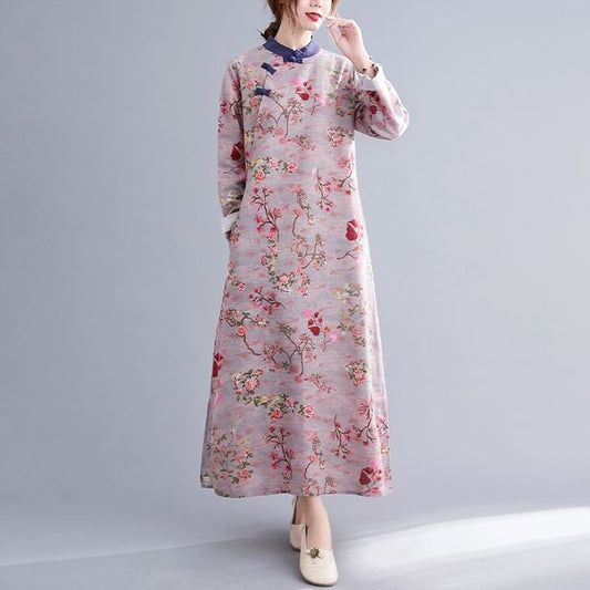 Long Sleeve Band Collar Floral Print Maxi Qipao SpreePicky