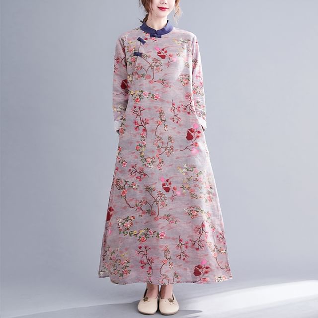 Long Sleeve Band Collar Floral Print Maxi Qipao SpreePicky