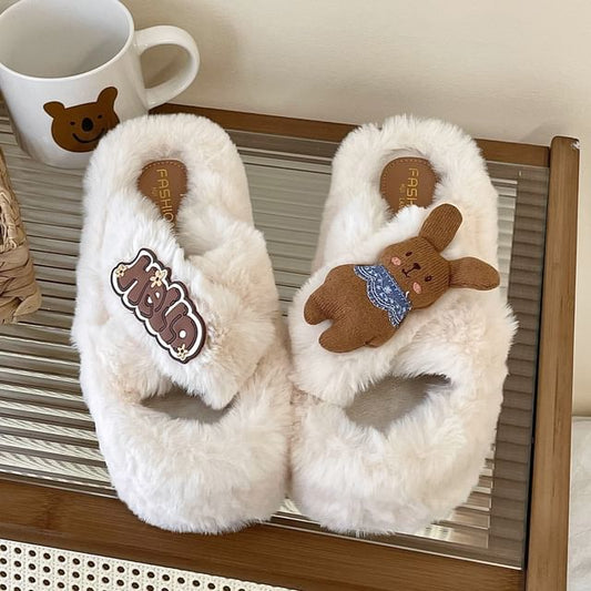 Letter Applique Fluffy Platform Slippers SpreePicky