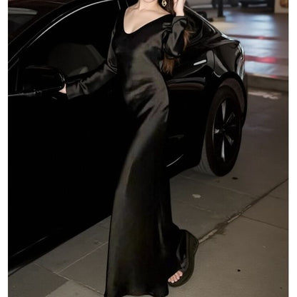 Long-Sleeve V-Neck Satin Plain Maxi Sheath Dress SpreePicky