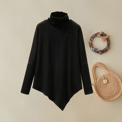 Long Sleeve Mock Neck Plain Asymmetrical Hem Knit Top SpreePicky