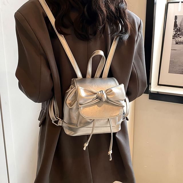 Faux Leather Knotted Drawstring Flap Backpack SpreePicky