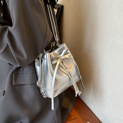 Faux Leather Drawstring Bucket Bag SpreePicky