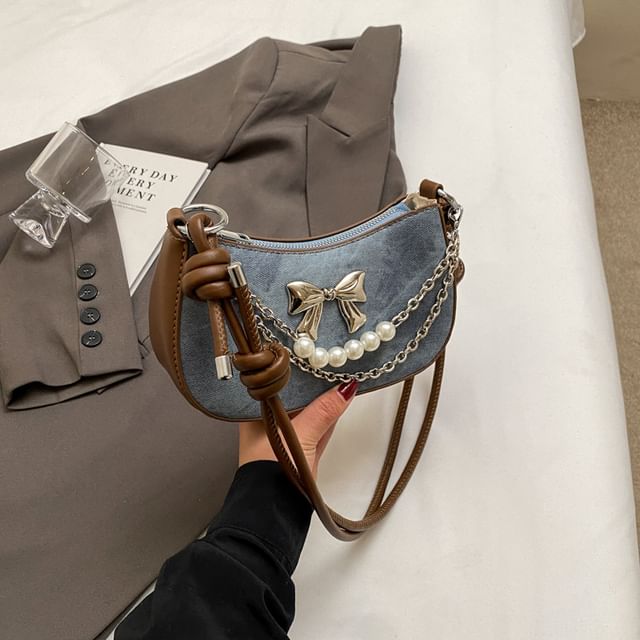 Faux Pearl Chained Bow Shoulder Bag SpreePicky