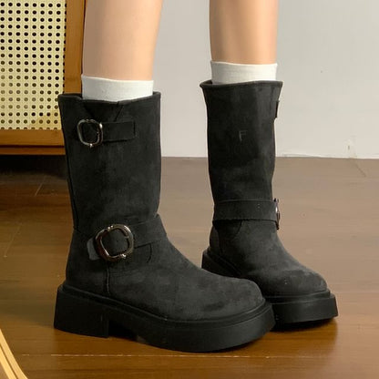 Platform Plain Buckled Faux Suede Mid-Calf Boots SpreePicky