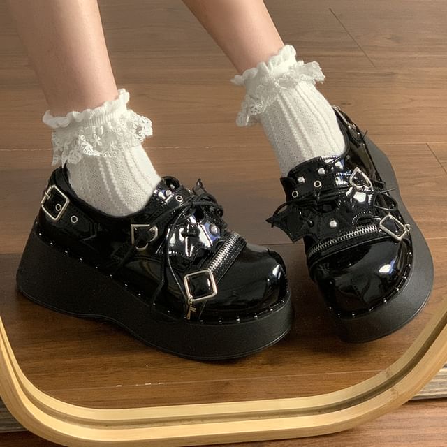 Platform Buckled Zipped Lace-Up Patent Leather Shoes SpreePicky