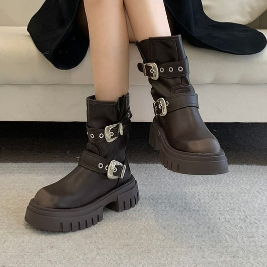 Platform Plain Grommet Buckled Faux Leather Short Boots SpreePicky