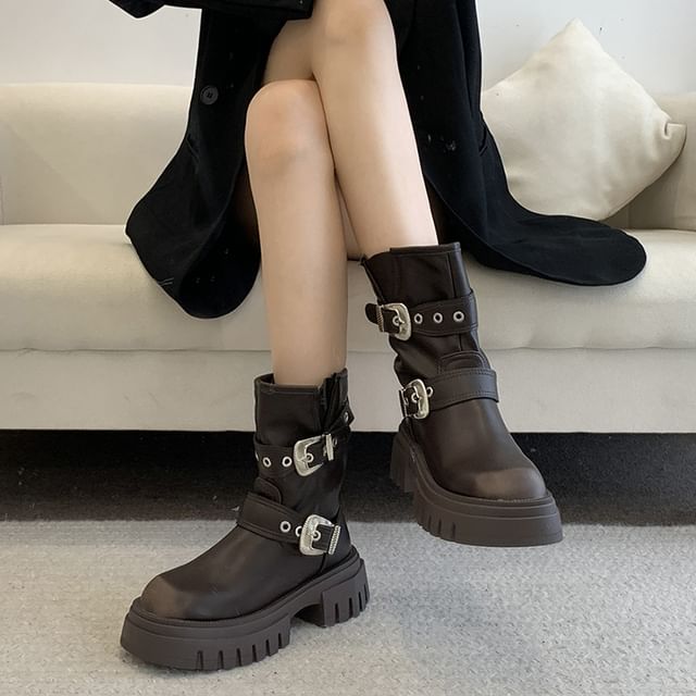 Platform Plain Grommet Buckled Faux Leather Short Boots SpreePicky