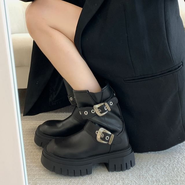 Platform Plain Grommet Buckled Faux Leather Short Boots SpreePicky