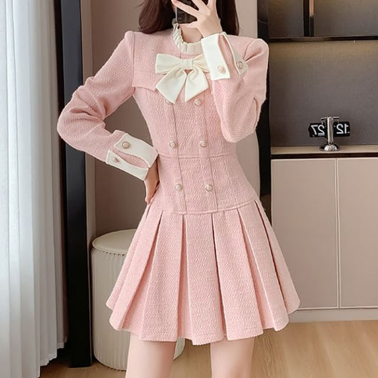 Long Sleeve Stand Collar Bowknot Tweed Mini Pleated A-Line Dress SpreePicky