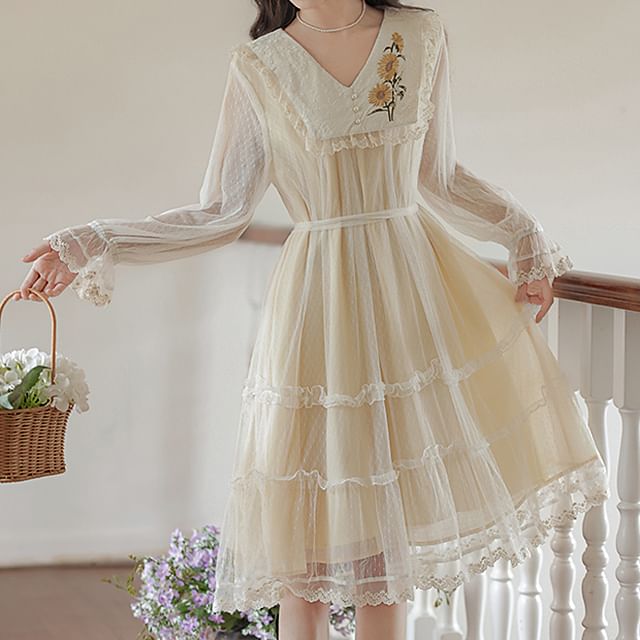 Long Sleeve V-Neck Floral Embroidered Midi A-Line Dress / Faux Pearl Open Front Jacket SpreePicky