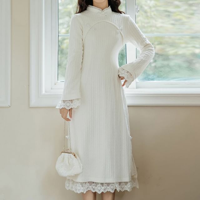 Long Sleeve Stand Collar Plain Lace Trim Ribbed Knitted Midi A-Line Dress SpreePicky