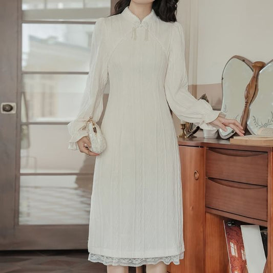 Long Sleeve Collared Embroidered Lace Trim Sheath Midi Dress SpreePicky