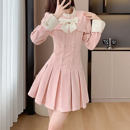 Long Sleeve Stand Collar Bowknot Tweed Mini Pleated A-Line Dress SpreePicky