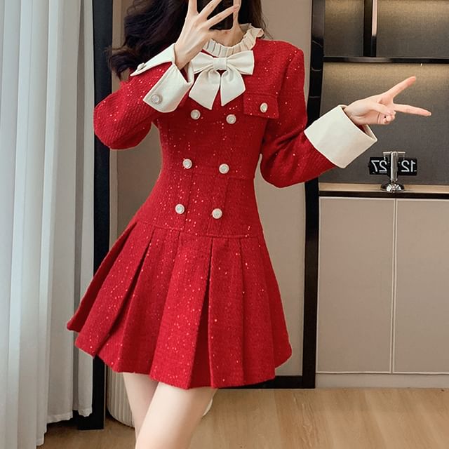 Long Sleeve Stand Collar Bowknot Tweed Mini Pleated A-Line Dress SpreePicky