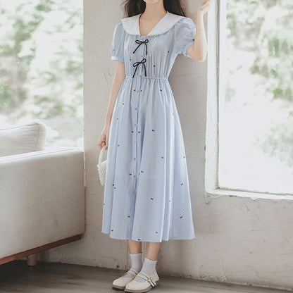 Peter Pan Collar V-Neck Bowknot Striped Midi A-Line Dress SpreePicky