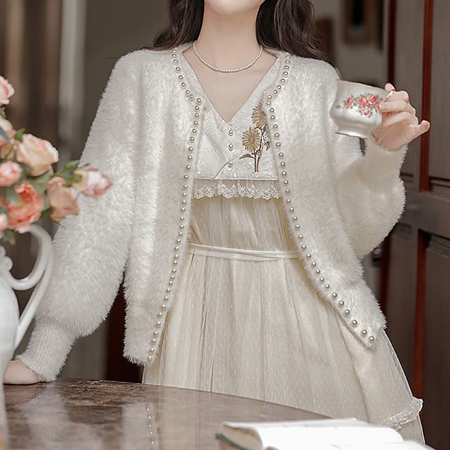 Long Sleeve V-Neck Floral Embroidered Midi A-Line Dress / Faux Pearl Open Front Jacket SpreePicky