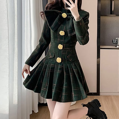 Long Sleeve Stand Collar Bowknot Plaid Pleated Mini A-Line Dress SpreePicky