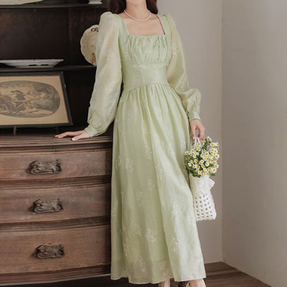 Square Neck Long Sleeve Embroidered Midi A-Line Dress SpreePicky