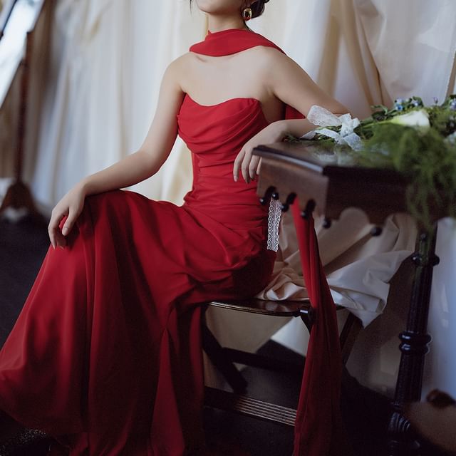 Evening Sheath Plain Neckline Ruched Gown Strapless FashionChic