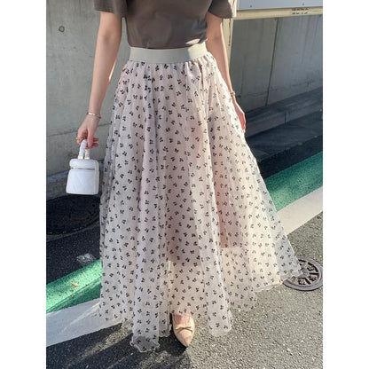 High Waist Bow Print Mesh Maxi A SpreePicky