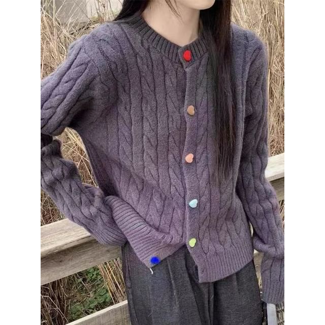 Rainbow-Button Cable-Knit Round-Neck Cardigan in 5 Colors SpreePicky