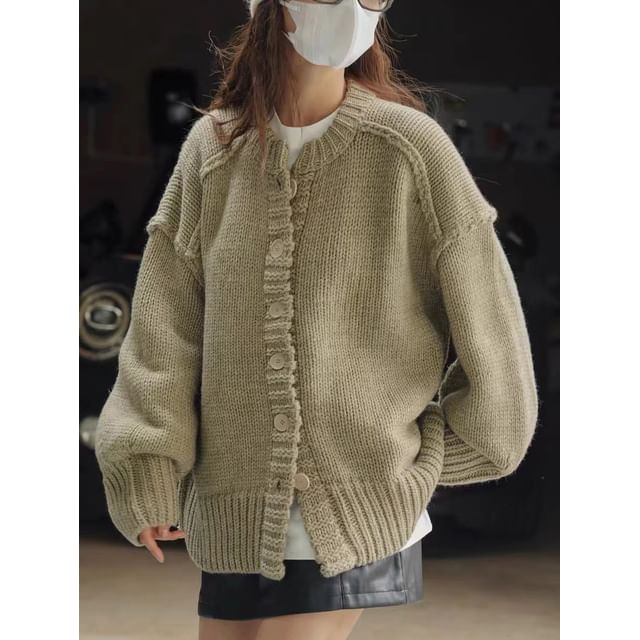 Oversized Stitched Round-Neck Cardigan SpreePicky