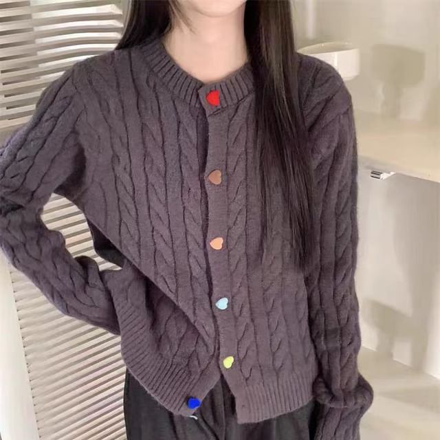 Rainbow-Button Cable-Knit Round-Neck Cardigan in 5 Colors SpreePicky