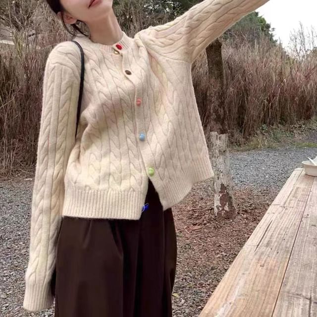 Rainbow-Button Cable-Knit Round-Neck Cardigan in 5 Colors SpreePicky