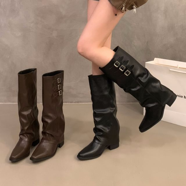 Block Heel Adjustable Buckled Tall Boots SpreePicky