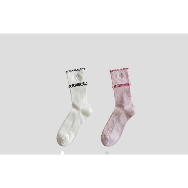 Bow Embroidered Frill Short Socks / Set SpreePicky