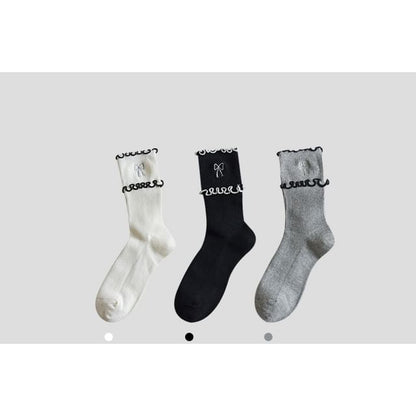 Bow Embroidered Frill Short Socks / Set SpreePicky