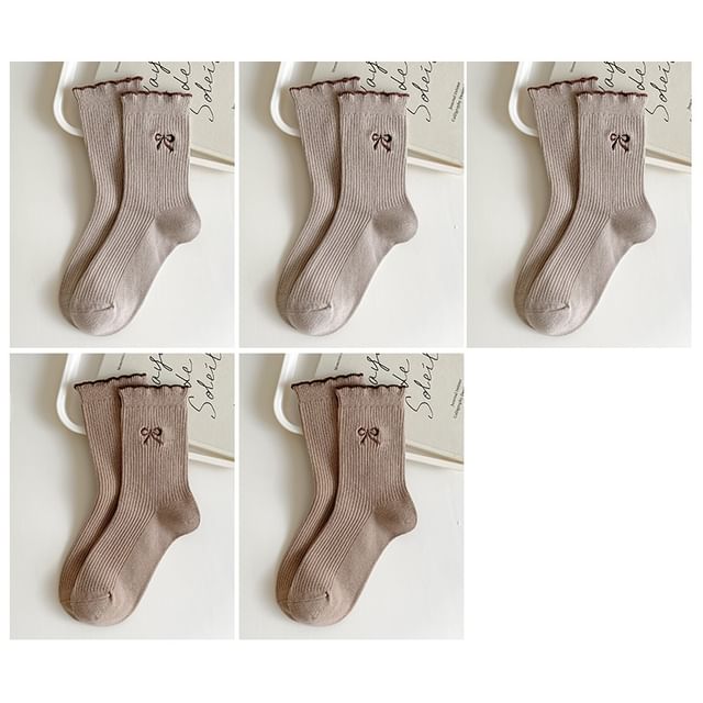 Bow Embroidered Ribbed Short Socks Set SpreePicky