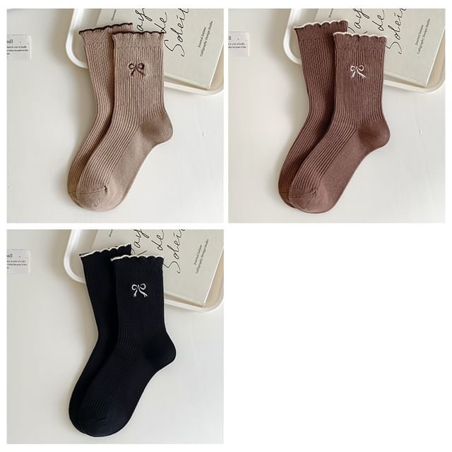 Bow Embroidered Ribbed Short Socks Set SpreePicky