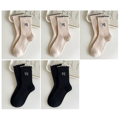 Bow Embroidered Ribbed Short Socks Set SpreePicky