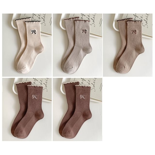 Bow Embroidered Ribbed Short Socks Set SpreePicky