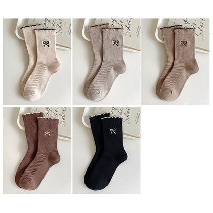 Bow Embroidered Ribbed Short Socks Set SpreePicky