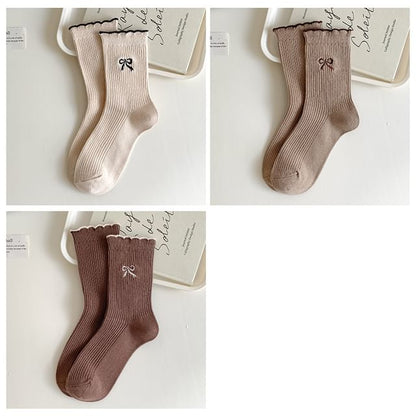 Bow Embroidered Ribbed Short Socks Set SpreePicky