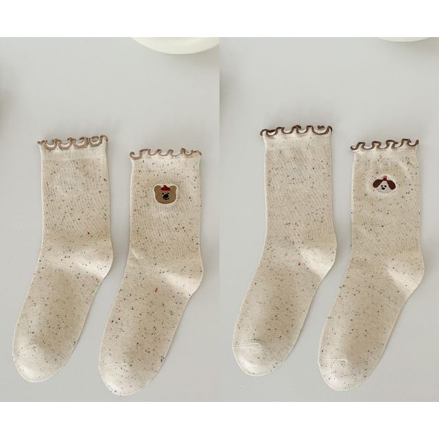 Animal Embroidered Melange Frill Short Socks Set SpreePicky