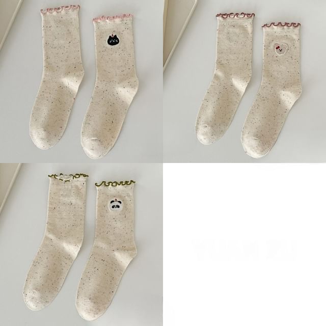 Animal Embroidered Melange Frill Short Socks Set SpreePicky