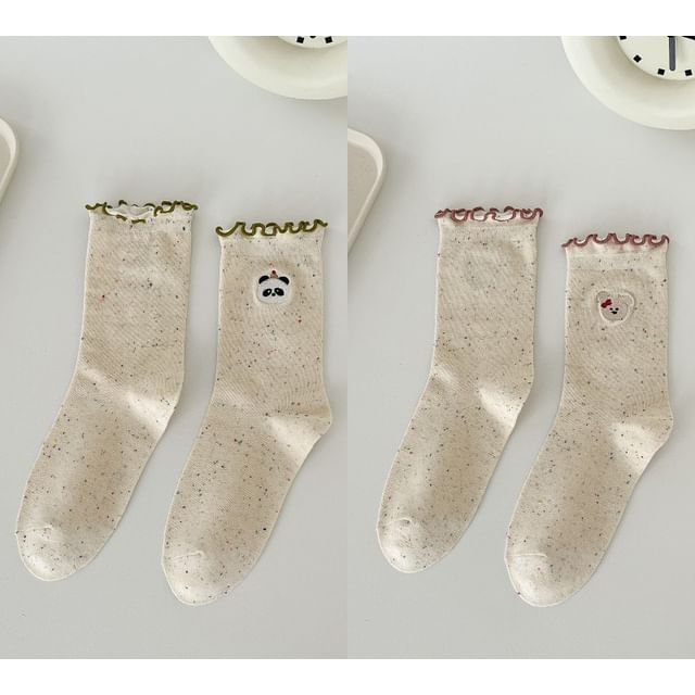 Animal Embroidered Melange Frill Short Socks Set SpreePicky