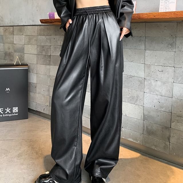 High Waist Faux Leather Wide Leg Pants SpreePicky